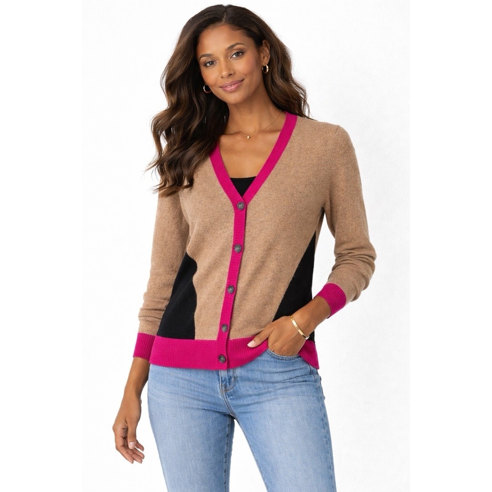 Charter Club‎ Luxury 100% Cashmere Colorblock Cardigan M Pink Tan